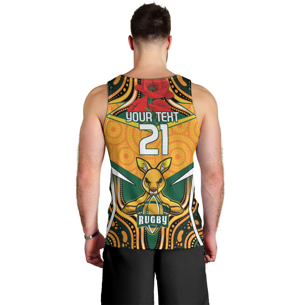 Australia Wallabies Rugby ANZAC Custom Men Tank Top Poppy Soldier With Aboriginal Dots Art - Vibe Hoodie Shop