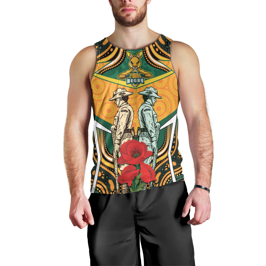 Australia Wallabies Rugby ANZAC Custom Men Tank Top Poppy Soldier With Aboriginal Dots Art - Vibe Hoodie Shop