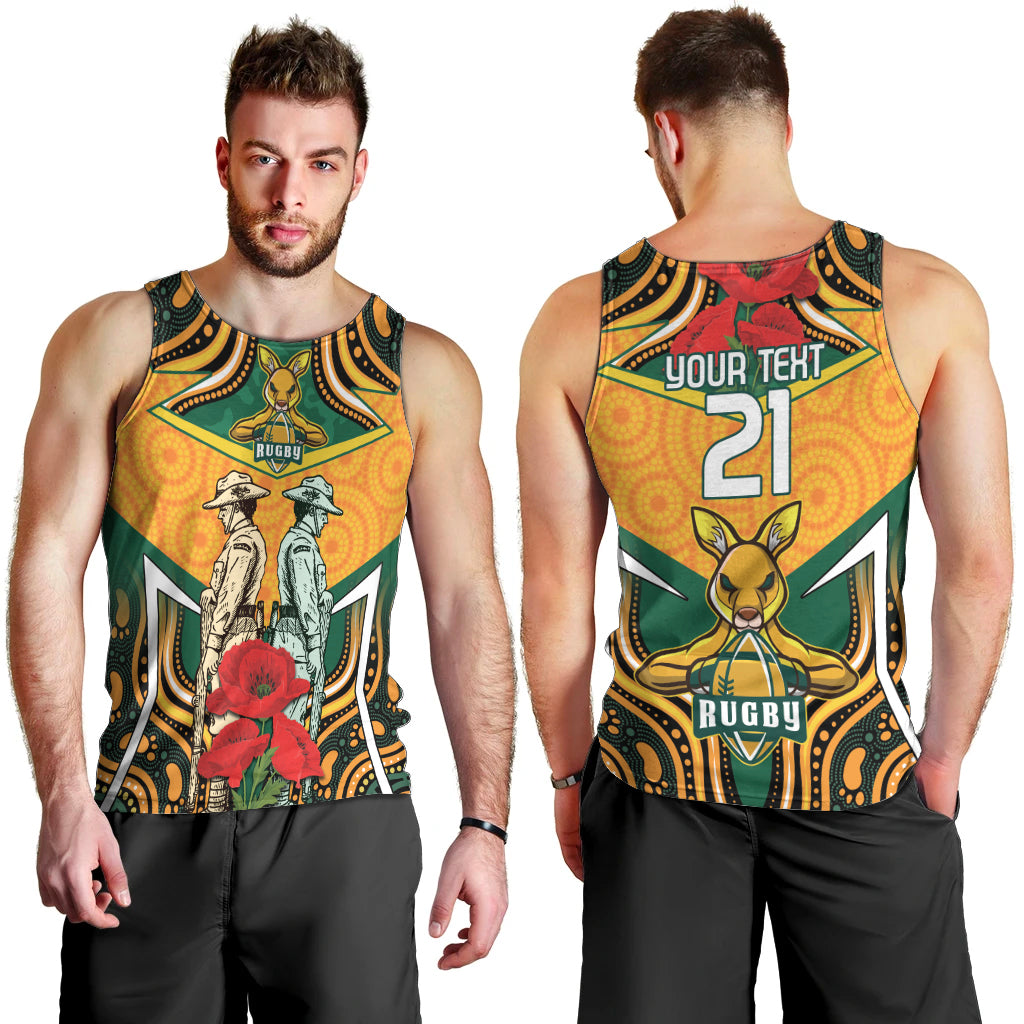 Australia Wallabies Rugby ANZAC Custom Men Tank Top Poppy Soldier With Aboriginal Dots Art - Vibe Hoodie Shop