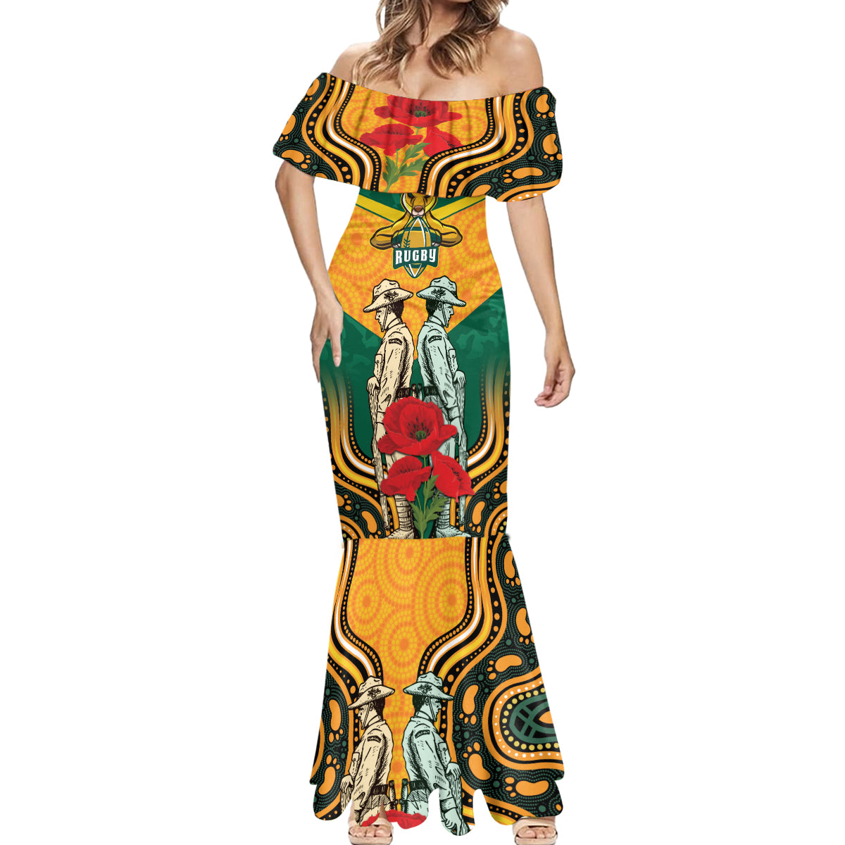 Australia Wallabies Rugby ANZAC Custom Mermaid Dress Poppy Soldier With Aboriginal Dots Art