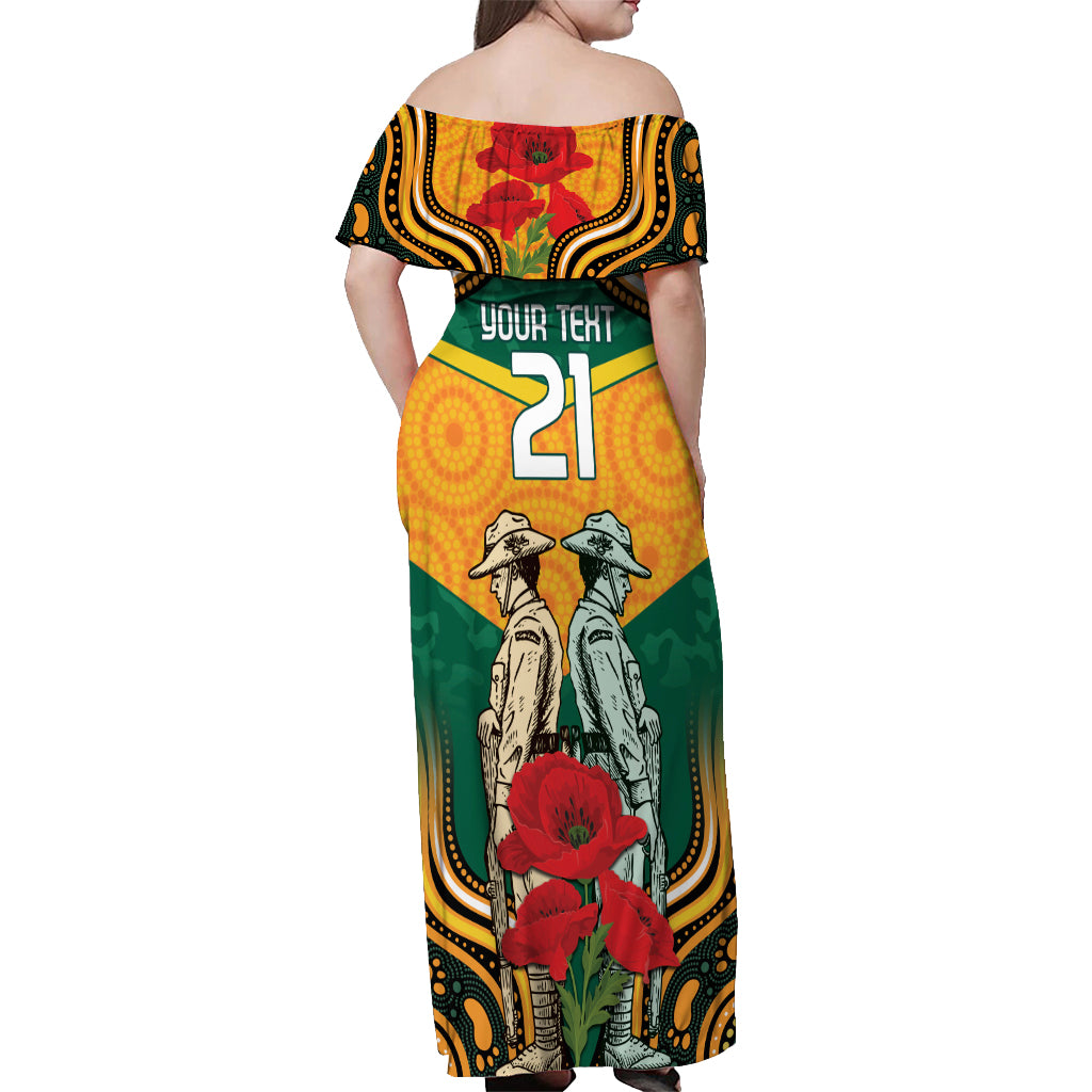 Australia Wallabies Rugby ANZAC Custom Off Shoulder Maxi Dress Poppy Soldier With Aboriginal Dots Art