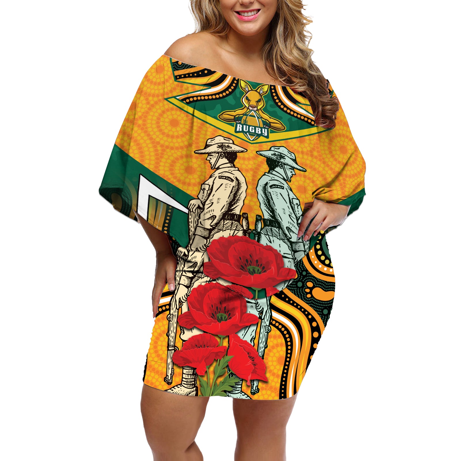 Australia Wallabies Rugby ANZAC Custom Off Shoulder Short Dress Poppy Soldier With Aboriginal Dots Art