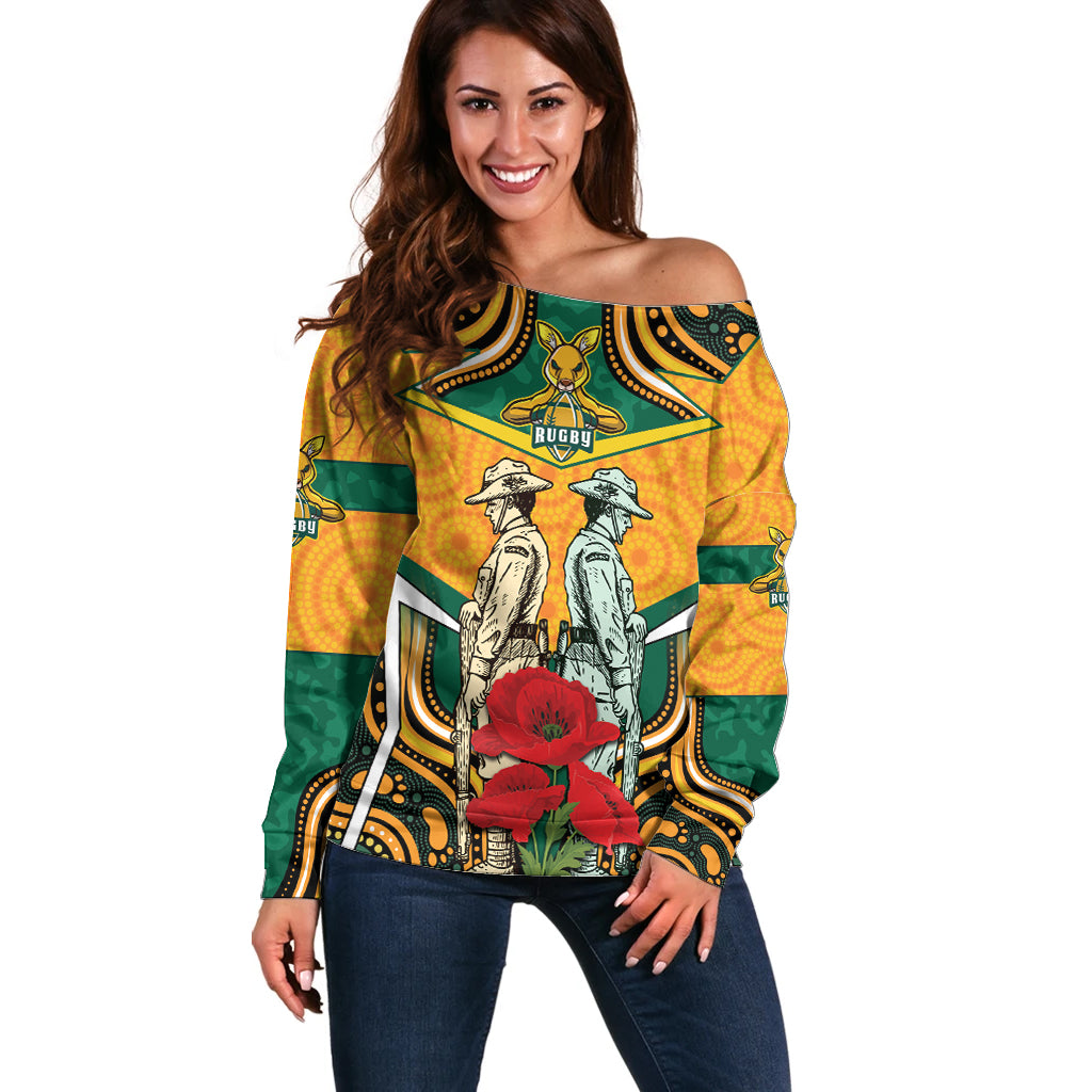 Australia Wallabies Rugby ANZAC Custom Off Shoulder Sweater Poppy Soldier With Aboriginal Dots Art - Vibe Hoodie Shop