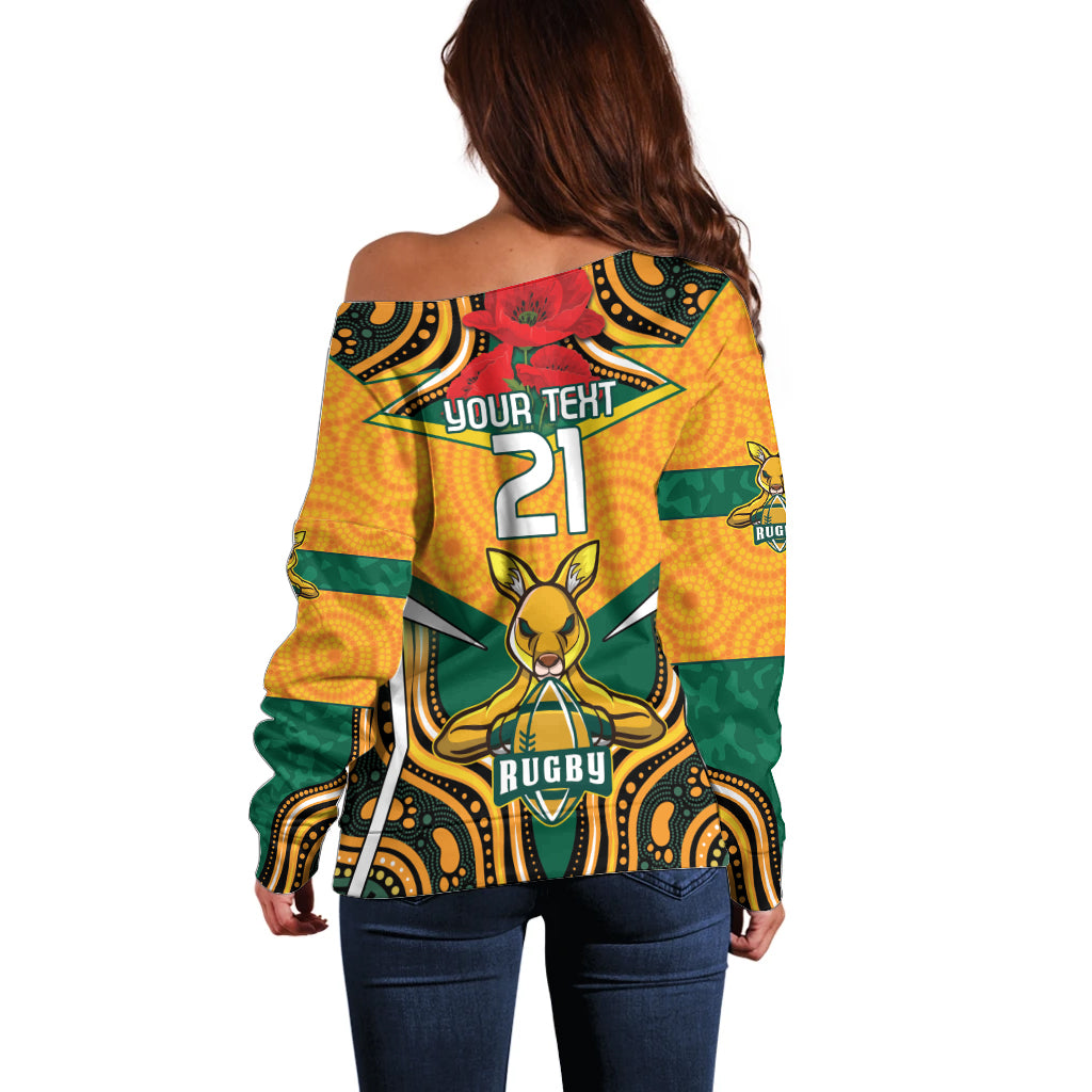 Australia Wallabies Rugby ANZAC Custom Off Shoulder Sweater Poppy Soldier With Aboriginal Dots Art - Vibe Hoodie Shop