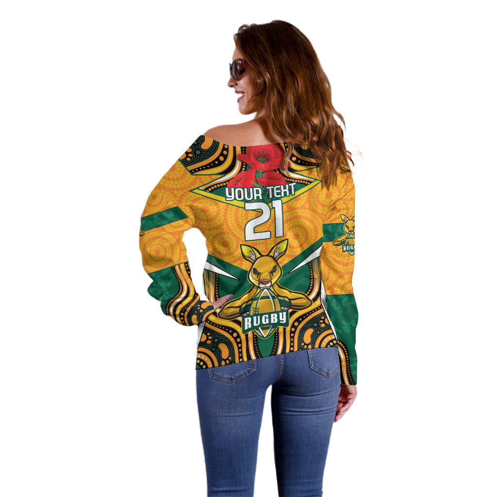 Australia Wallabies Rugby ANZAC Custom Off Shoulder Sweater Poppy Soldier With Aboriginal Dots Art - Vibe Hoodie Shop