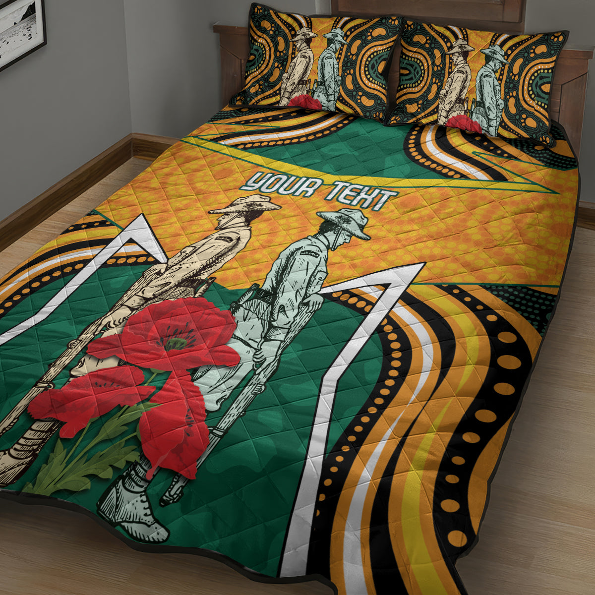 Australia Wallabies Rugby ANZAC Custom Quilt Bed Set Poppy Soldier With Aboriginal Dots Art - Vibe Hoodie Shop