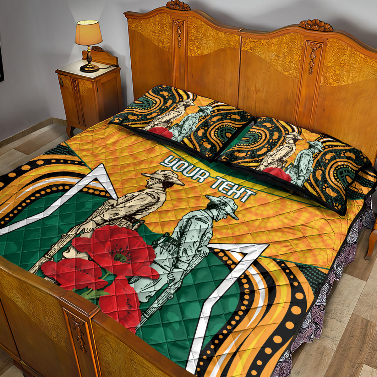 Australia Wallabies Rugby ANZAC Custom Quilt Bed Set Poppy Soldier With Aboriginal Dots Art - Vibe Hoodie Shop