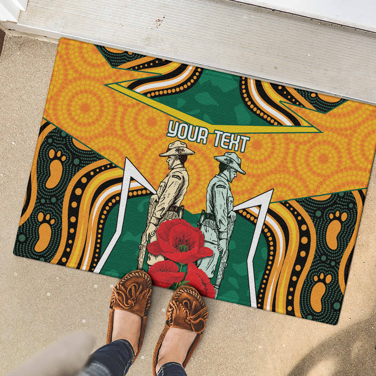 Australia Wallabies Rugby ANZAC Custom Rubber Doormat Poppy Soldier With Aboriginal Dots Art