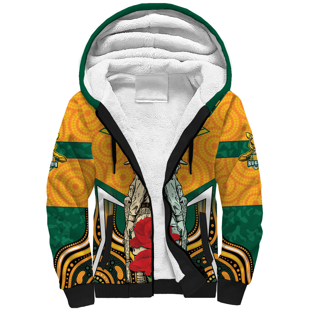 Australia Wallabies Rugby ANZAC Custom Sherpa Hoodie Poppy Soldier With Aboriginal Dots Art - Vibe Hoodie Shop