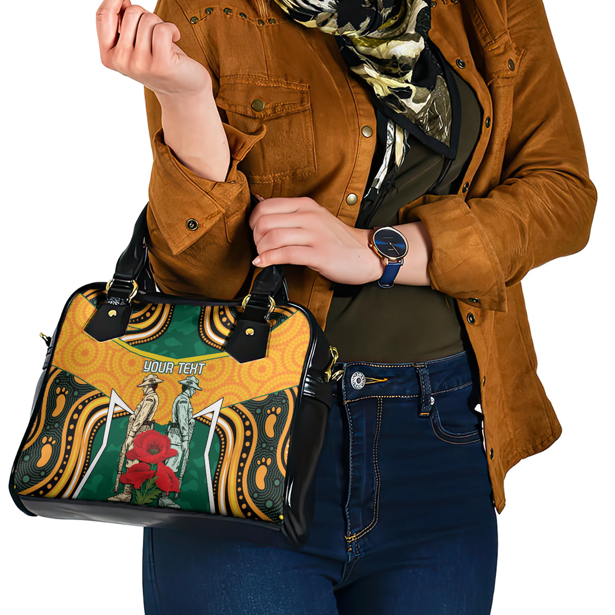 Australia Wallabies Rugby ANZAC Custom Shoulder Handbag Poppy Soldier With Aboriginal Dots Art - Vibe Hoodie Shop