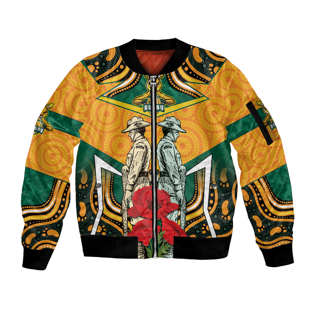 Australia Wallabies Rugby ANZAC Custom Sleeve Zip Bomber Jacket Poppy Soldier With Aboriginal Dots Art