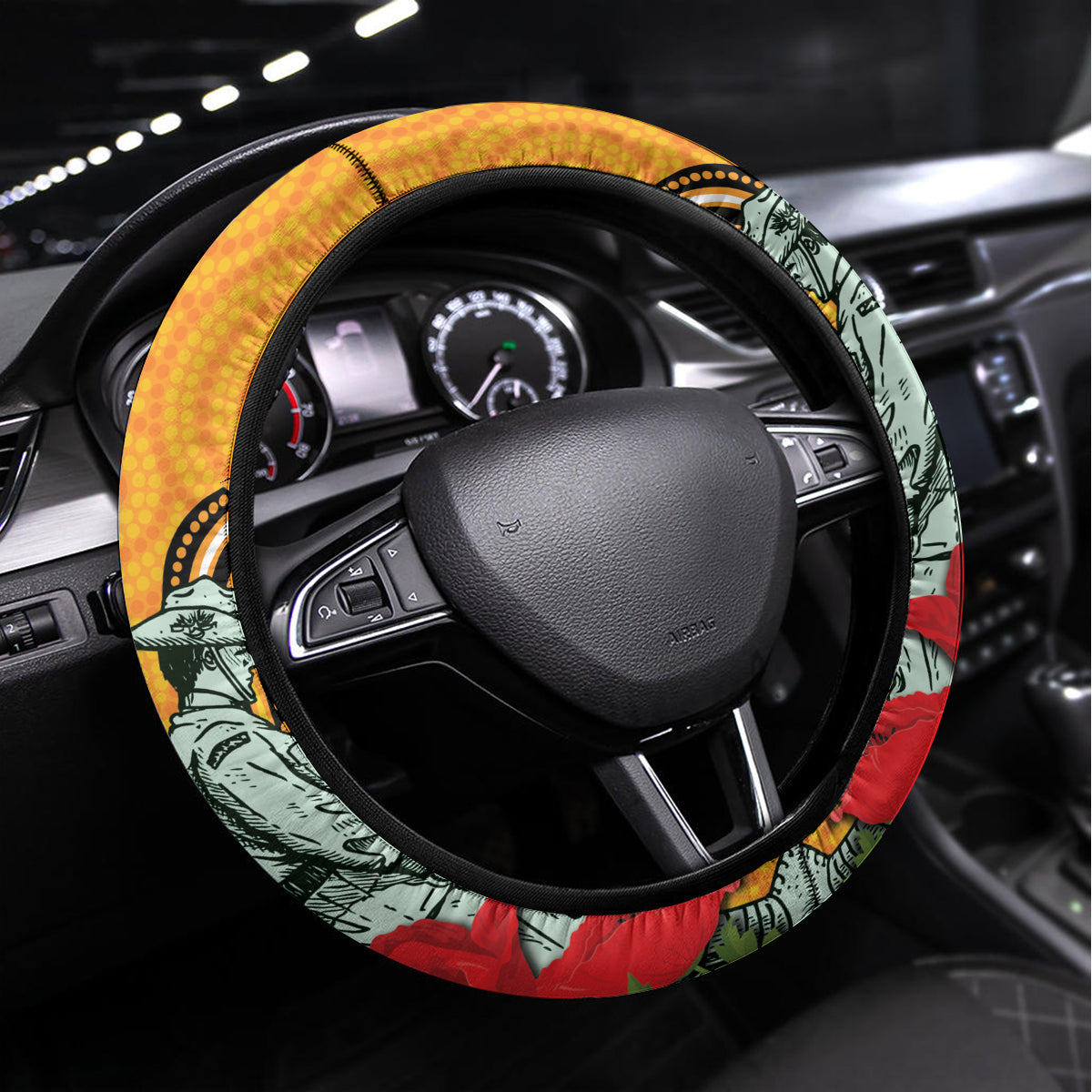 Australia Wallabies Rugby ANZAC Custom Steering Wheel Cover Poppy Soldier With Aboriginal Dots Art
