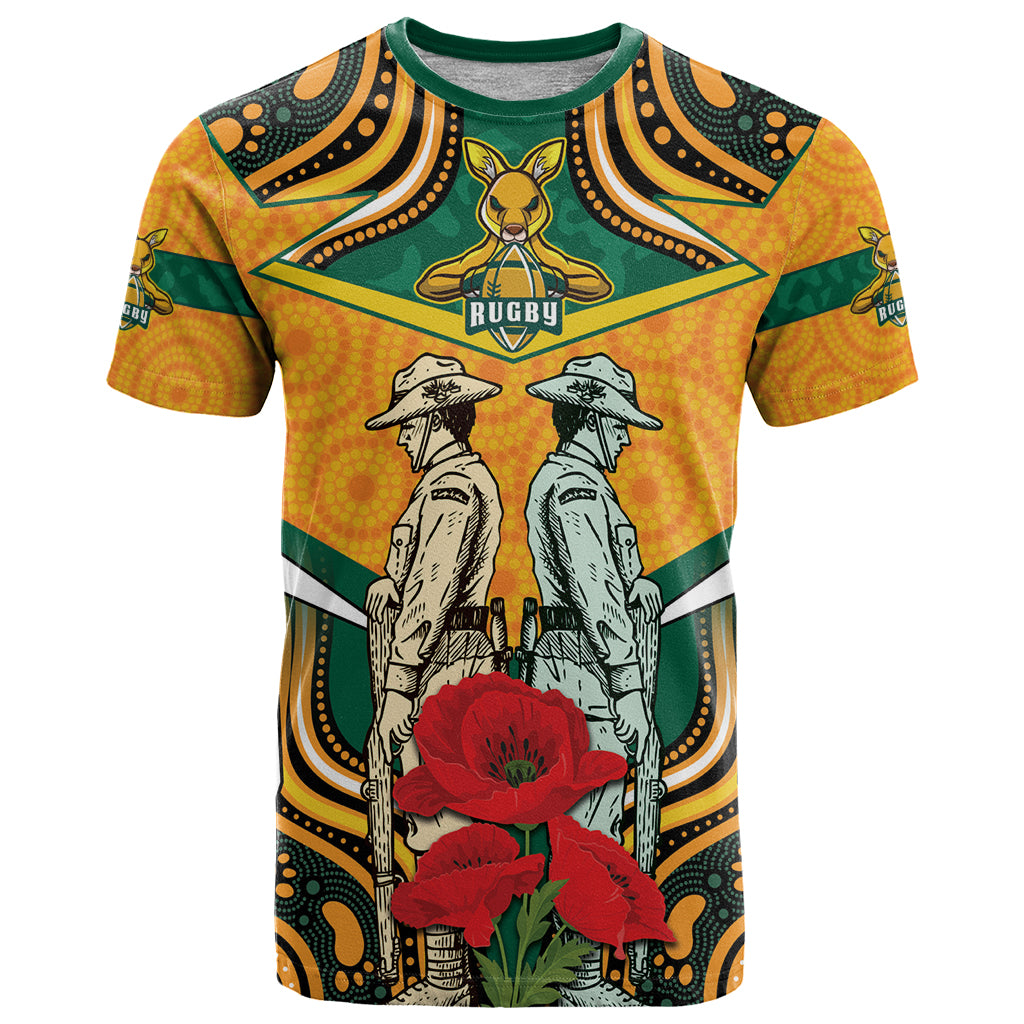 Australia Wallabies Rugby ANZAC Custom T Shirt Poppy Soldier With Aboriginal Dots Art LT9 - Vibe Hoodie Shop