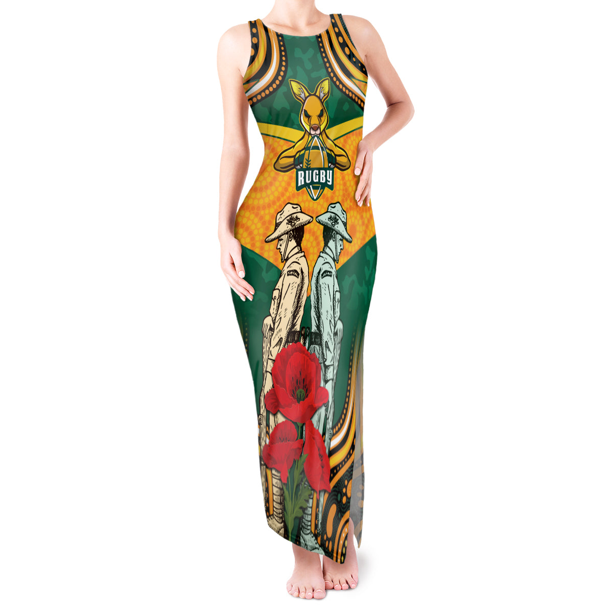 Australia Wallabies Rugby ANZAC Custom Tank Maxi Dress Poppy Soldier With Aboriginal Dots Art