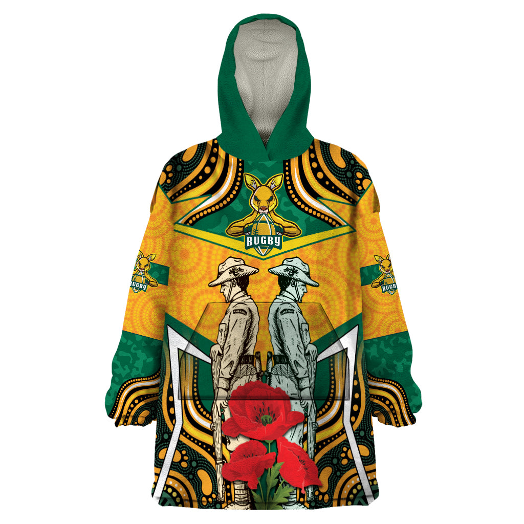 Australia Wallabies Rugby ANZAC Custom Wearable Blanket Hoodie Poppy Soldier With Aboriginal Dots Art - Vibe Hoodie Shop