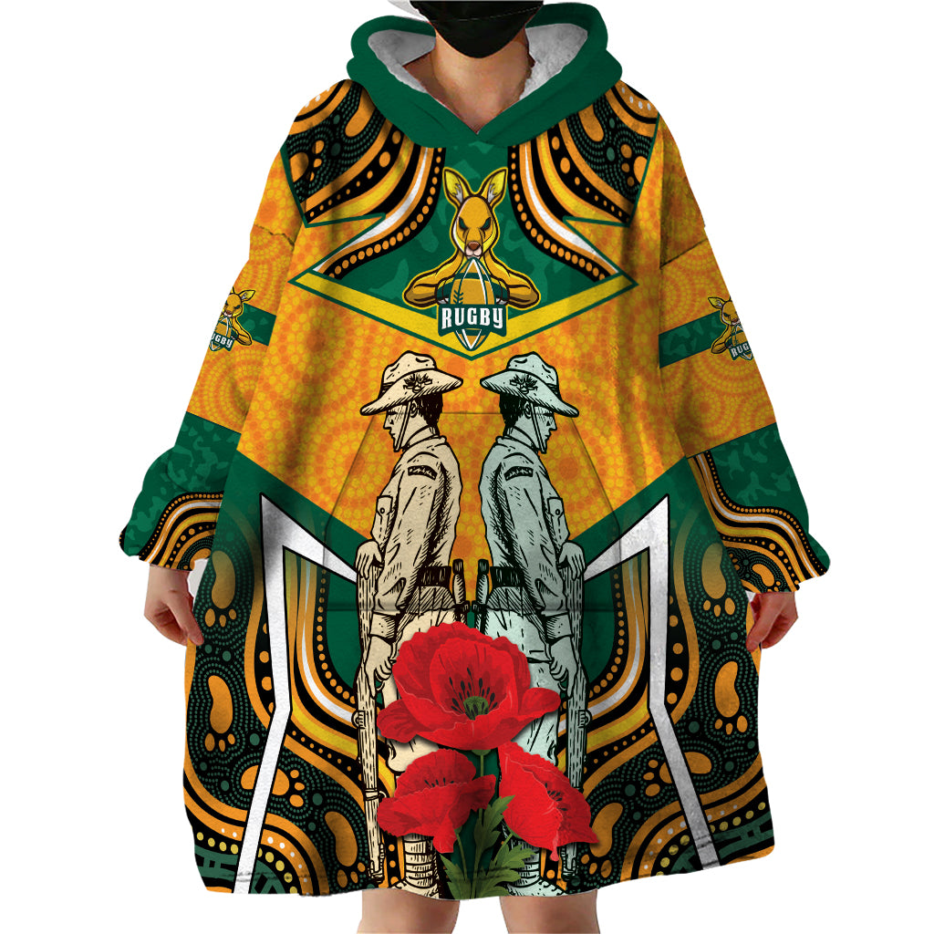 Australia Wallabies Rugby ANZAC Custom Wearable Blanket Hoodie Poppy Soldier With Aboriginal Dots Art - Vibe Hoodie Shop