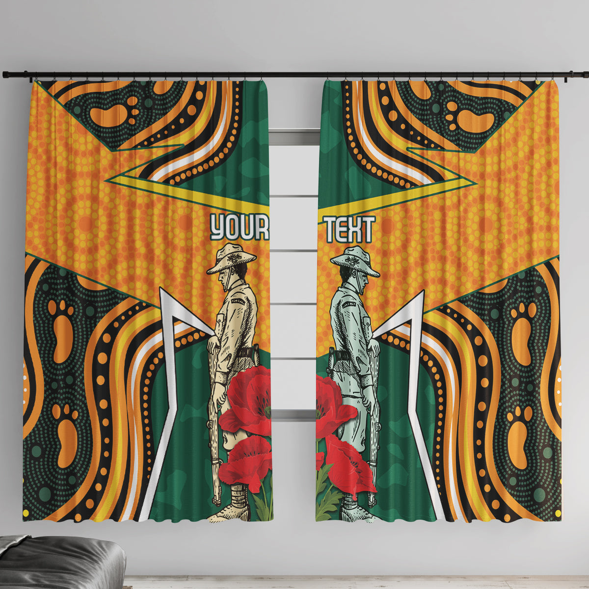 Australia Wallabies Rugby ANZAC Custom Window Curtain Poppy Soldier With Aboriginal Dots Art