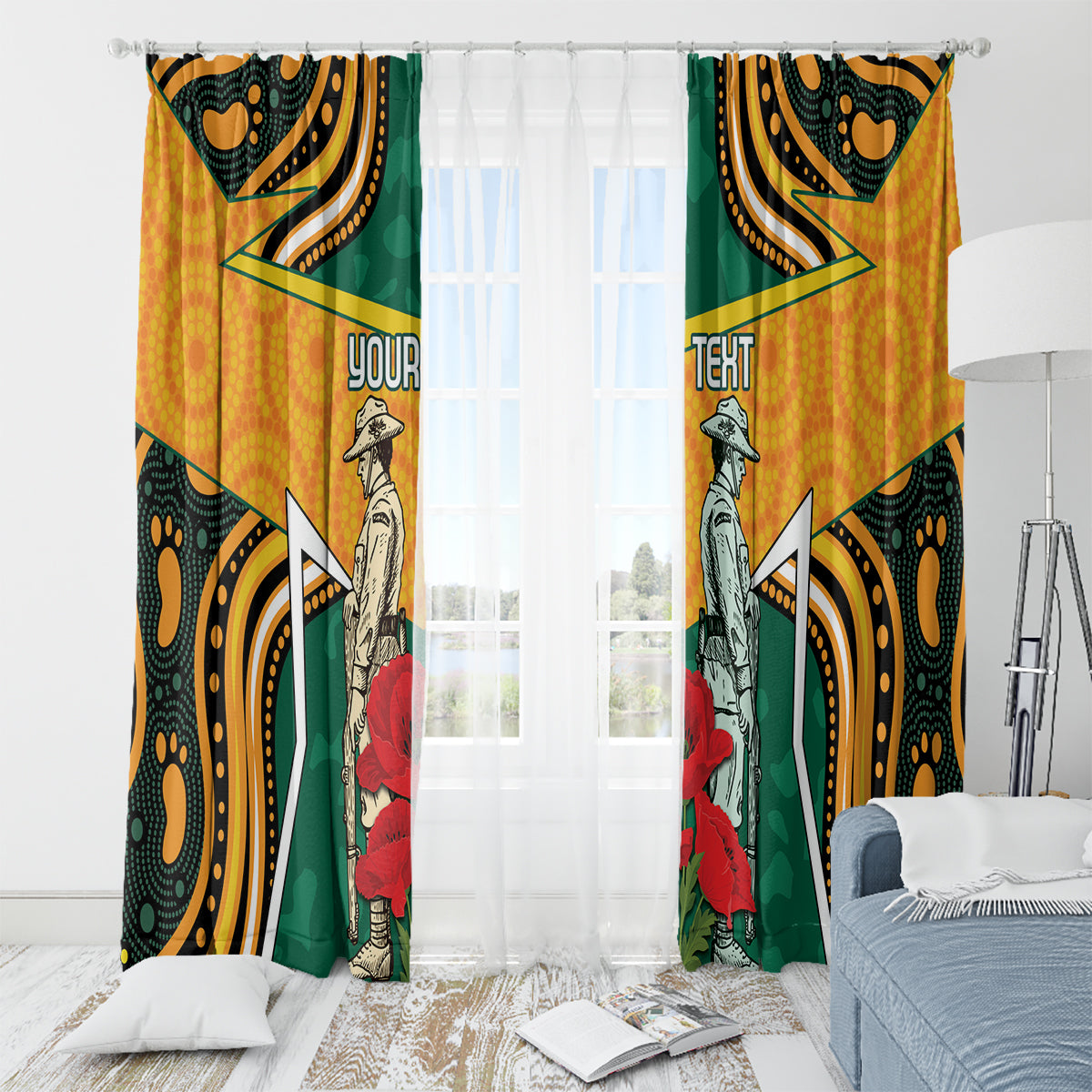 Australia Wallabies Rugby ANZAC Custom Window Curtain Poppy Soldier With Aboriginal Dots Art