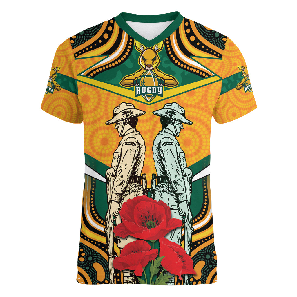 Australia Wallabies Rugby ANZAC Custom Women V Neck T Shirt Poppy Soldier With Aboriginal Dots Art - Vibe Hoodie Shop
