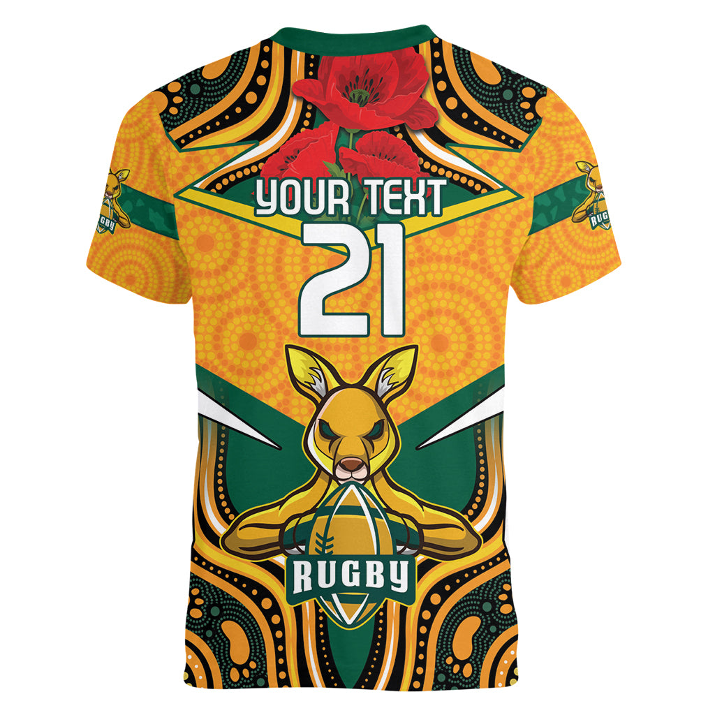 Australia Wallabies Rugby ANZAC Custom Women V Neck T Shirt Poppy Soldier With Aboriginal Dots Art - Vibe Hoodie Shop