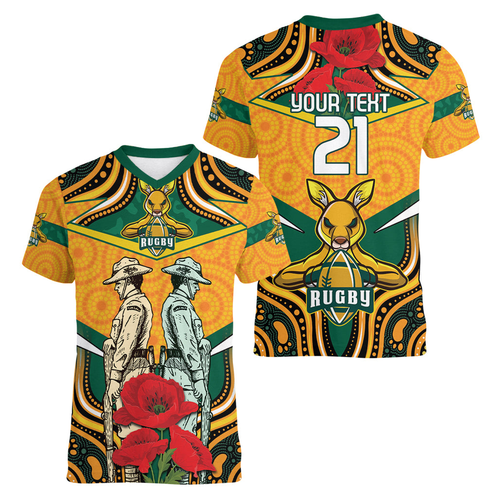 Australia Wallabies Rugby ANZAC Custom Women V Neck T Shirt Poppy Soldier With Aboriginal Dots Art - Vibe Hoodie Shop