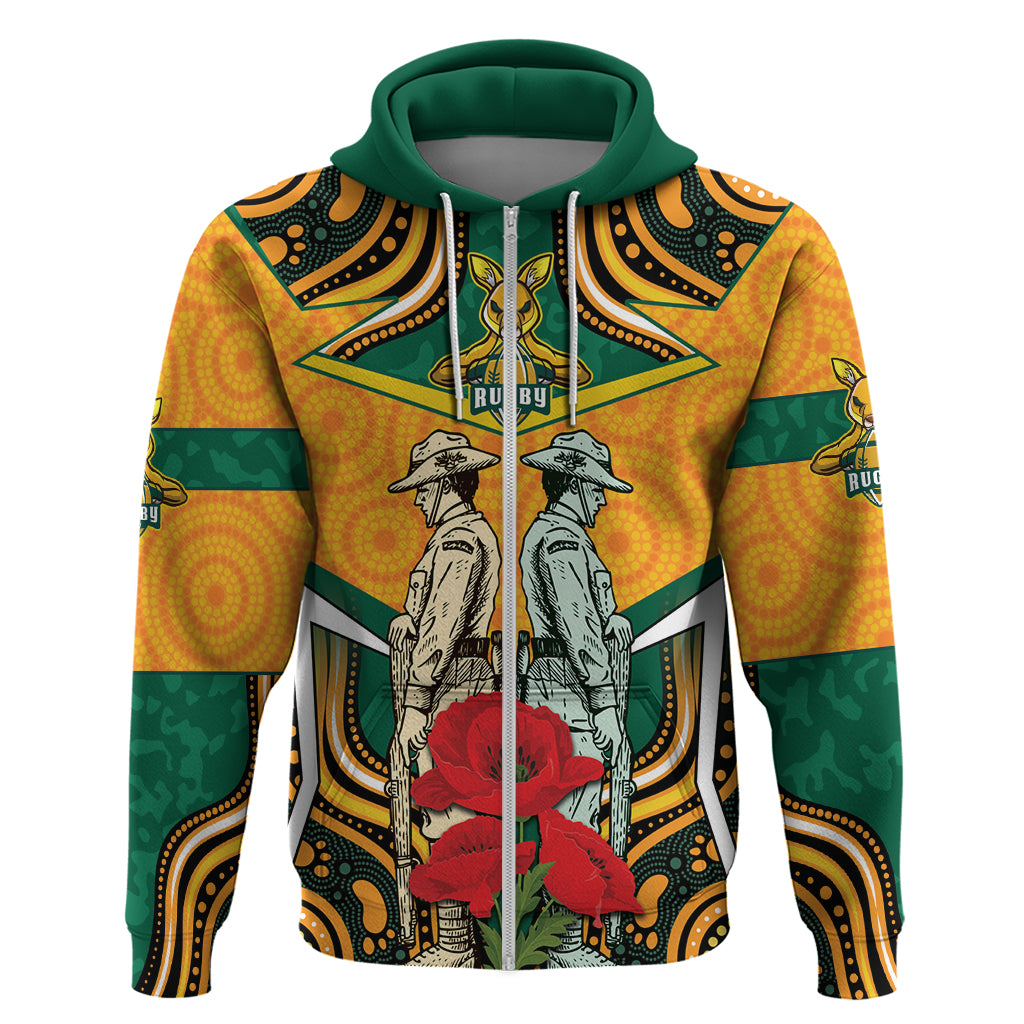 Australia Wallabies Rugby ANZAC Custom Zip Hoodie Poppy Soldier With Aboriginal Dots Art - Vibe Hoodie Shop