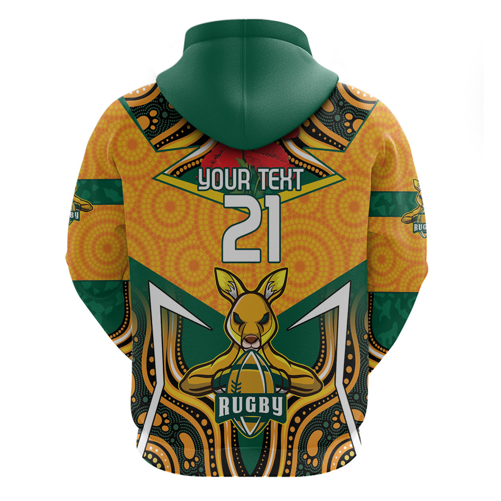 Australia Wallabies Rugby ANZAC Custom Zip Hoodie Poppy Soldier With Aboriginal Dots Art - Vibe Hoodie Shop