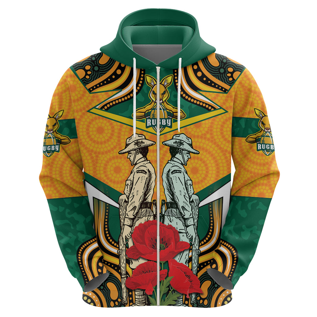 Australia Wallabies Rugby ANZAC Custom Zip Hoodie Poppy Soldier With Aboriginal Dots Art - Vibe Hoodie Shop