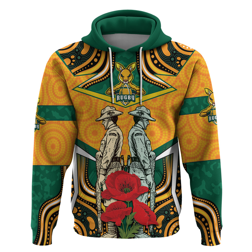 Australia Wallabies Rugby ANZAC Custom Zip Hoodie Poppy Soldier With Aboriginal Dots Art - Vibe Hoodie Shop