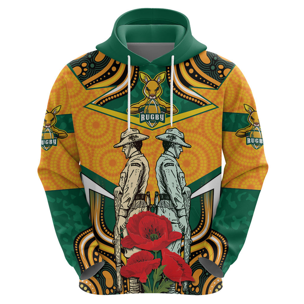 Australia Wallabies Rugby ANZAC Custom Zip Hoodie Poppy Soldier With Aboriginal Dots Art - Vibe Hoodie Shop