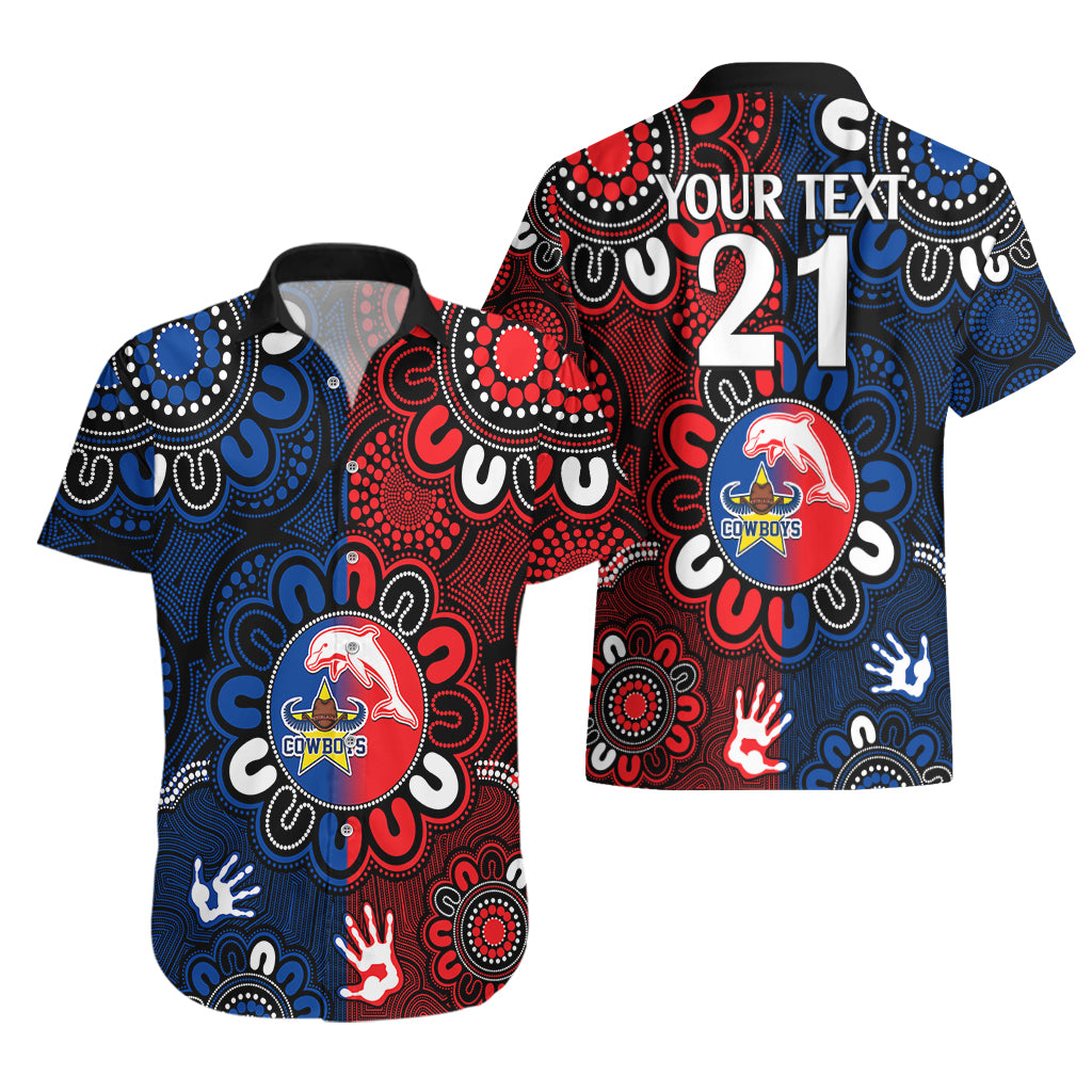 (Custom Text And Number) NRL Dolphins Combine Cowboys Rugby Hawaiian Shirt Indigenous Aboriginal Style - Vibe Hoodie Shop