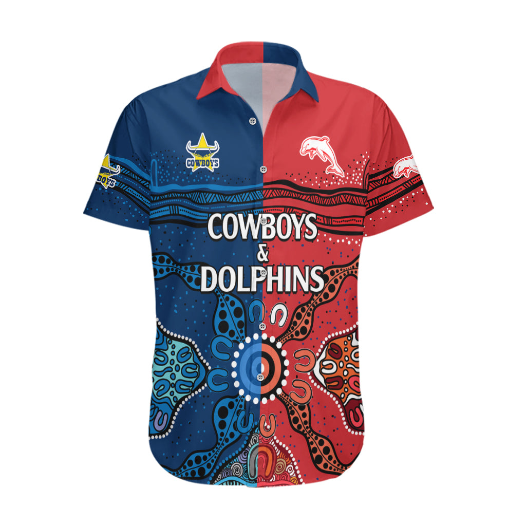 (Custom Text And Number) NRL Half Dolphins and Half Cowboys Rugby Hawaiian Shirt Aboriginal 2023 - Vibe Hoodie Shop