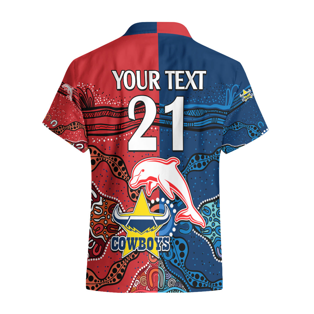 (Custom Text And Number) NRL Half Dolphins and Half Cowboys Rugby Hawaiian Shirt Aboriginal 2023 - Vibe Hoodie Shop