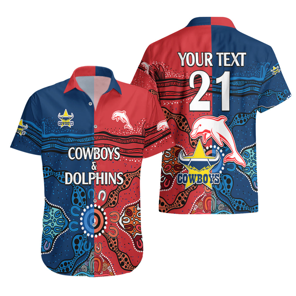 (Custom Text And Number) NRL Half Dolphins and Half Cowboys Rugby Hawaiian Shirt Aboriginal 2023 - Vibe Hoodie Shop