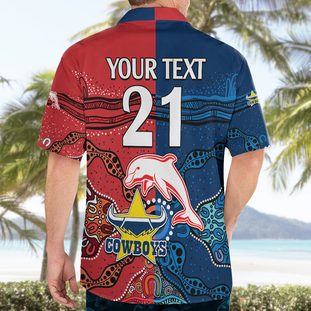 (Custom Text And Number) NRL Half Dolphins and Half Cowboys Rugby Hawaiian Shirt Aboriginal 2023 - Vibe Hoodie Shop