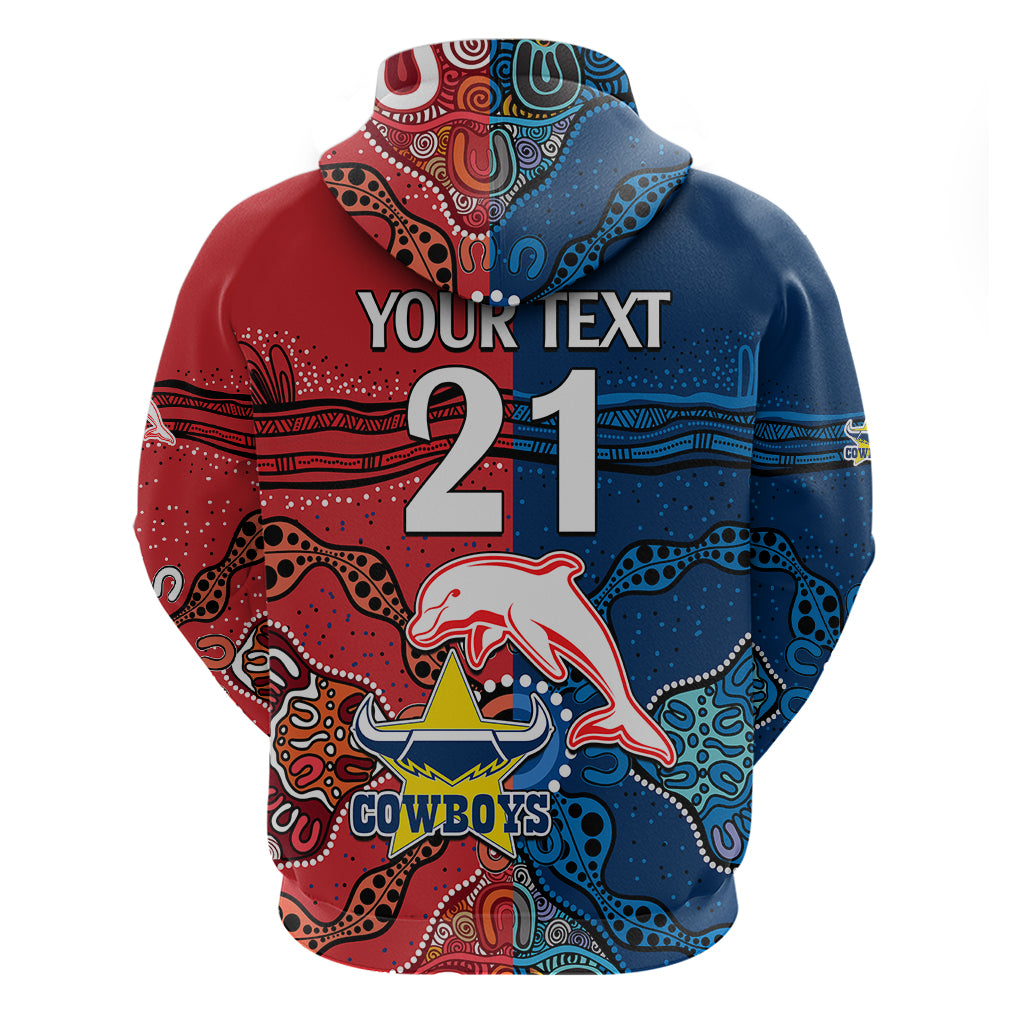 (Custom Text And Number) NRL Half Dolphins and Half Cowboys Rugby Hoodie Aboriginal 2023 LT9 - Vibe Hoodie Shop