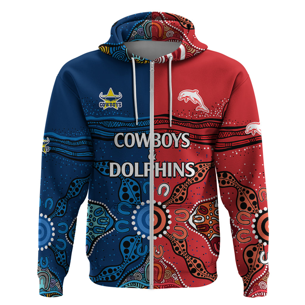 (Custom Text And Number) NRL Half Dolphins and Half Cowboys Rugby Hoodie Aboriginal 2023 LT9 - Vibe Hoodie Shop