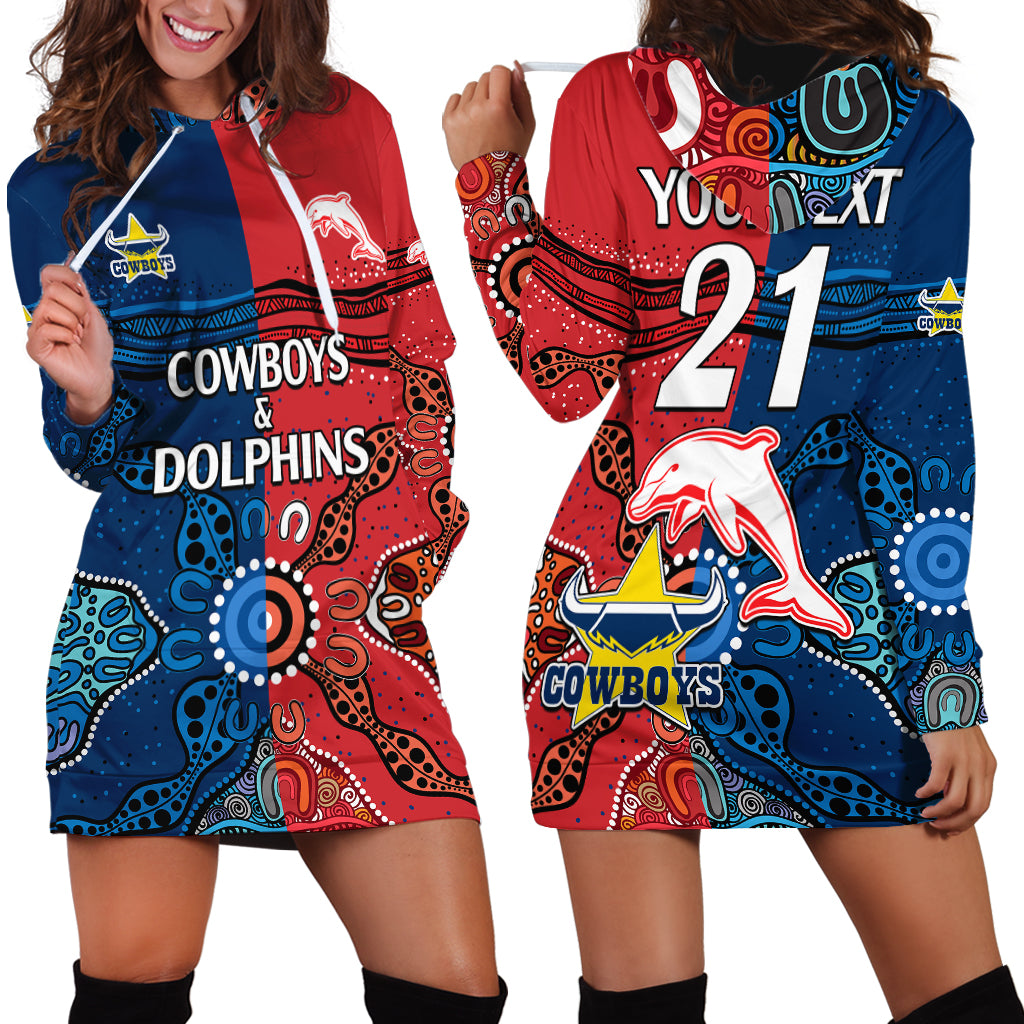 (Custom Text And Number) NRL Half Dolphins and Half Cowboys Rugby Hoodie Dress Aboriginal 2023 - Vibe Hoodie Shop