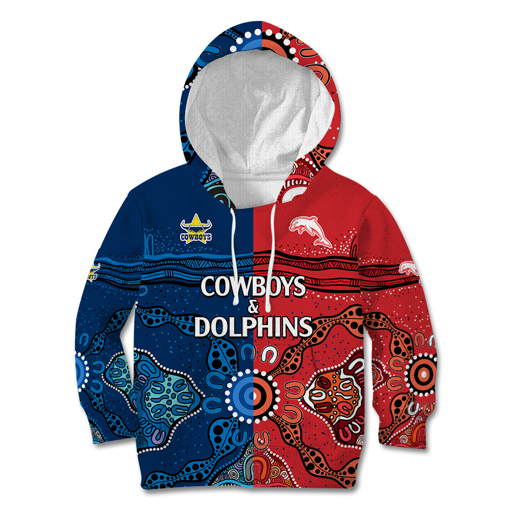 (Custom Text And Number) NRL Half Dolphins and Half Cowboys Rugby Kid Hoodie Aboriginal 2023 - Vibe Hoodie Shop