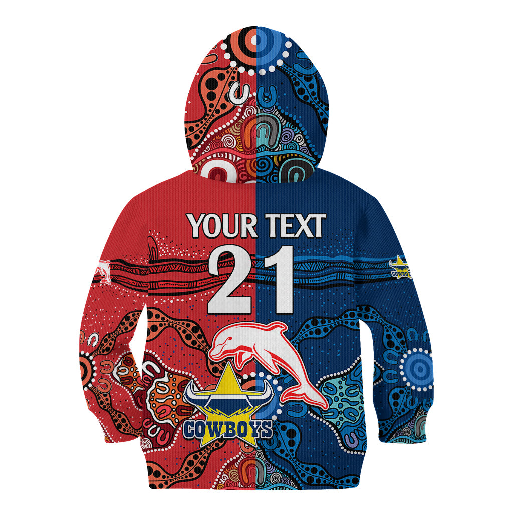 (Custom Text And Number) NRL Half Dolphins and Half Cowboys Rugby Kid Hoodie Aboriginal 2023 - Vibe Hoodie Shop