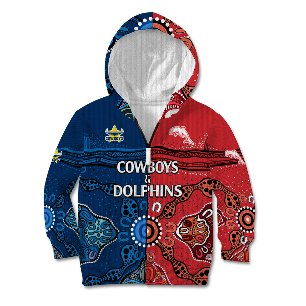 (Custom Text And Number) NRL Half Dolphins and Half Cowboys Rugby Kid Hoodie Aboriginal 2023 - Vibe Hoodie Shop