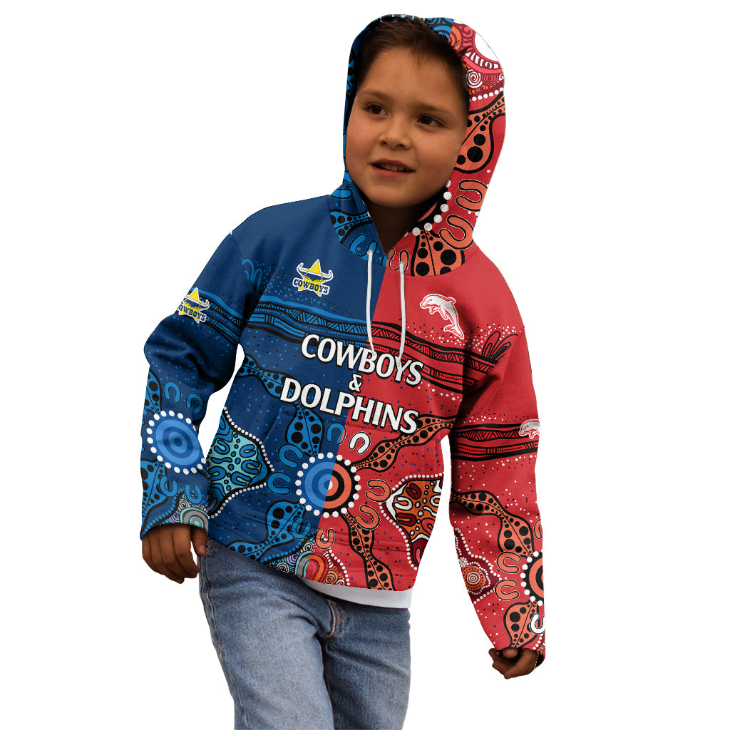 (Custom Text And Number) NRL Half Dolphins and Half Cowboys Rugby Kid Hoodie Aboriginal 2023 - Vibe Hoodie Shop