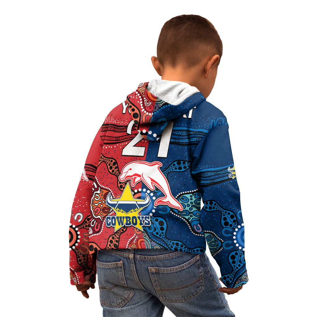 (Custom Text And Number) NRL Half Dolphins and Half Cowboys Rugby Kid Hoodie Aboriginal 2023 - Vibe Hoodie Shop