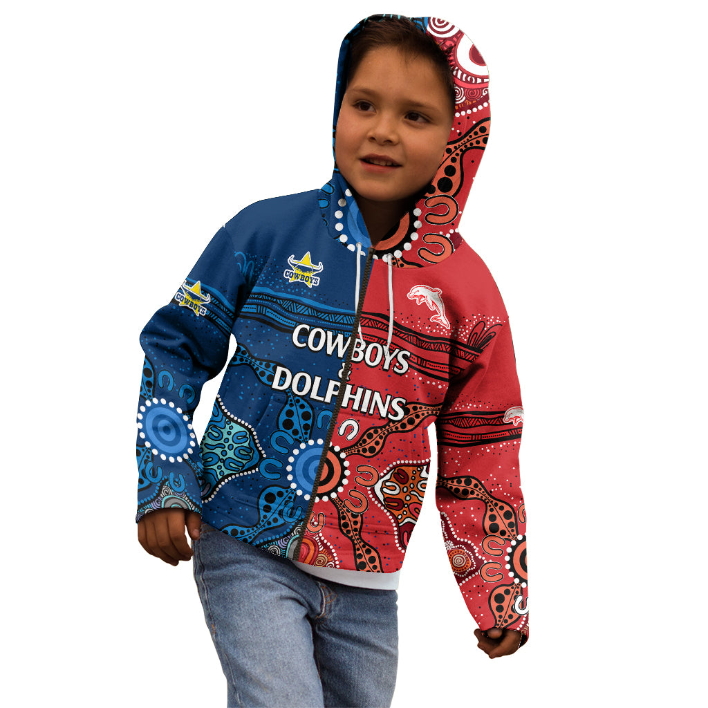 (Custom Text And Number) NRL Half Dolphins and Half Cowboys Rugby Kid Hoodie Aboriginal 2023 - Vibe Hoodie Shop