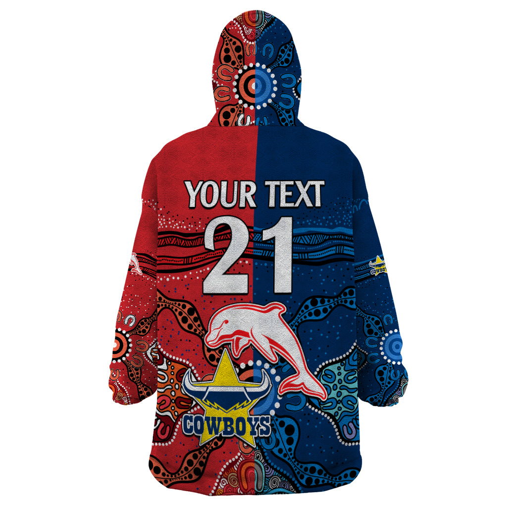 (Custom Text And Number) NRL Half Dolphins and Half Cowboys Rugby Wearable Blanket Hoodie Aboriginal 2023 - Vibe Hoodie Shop