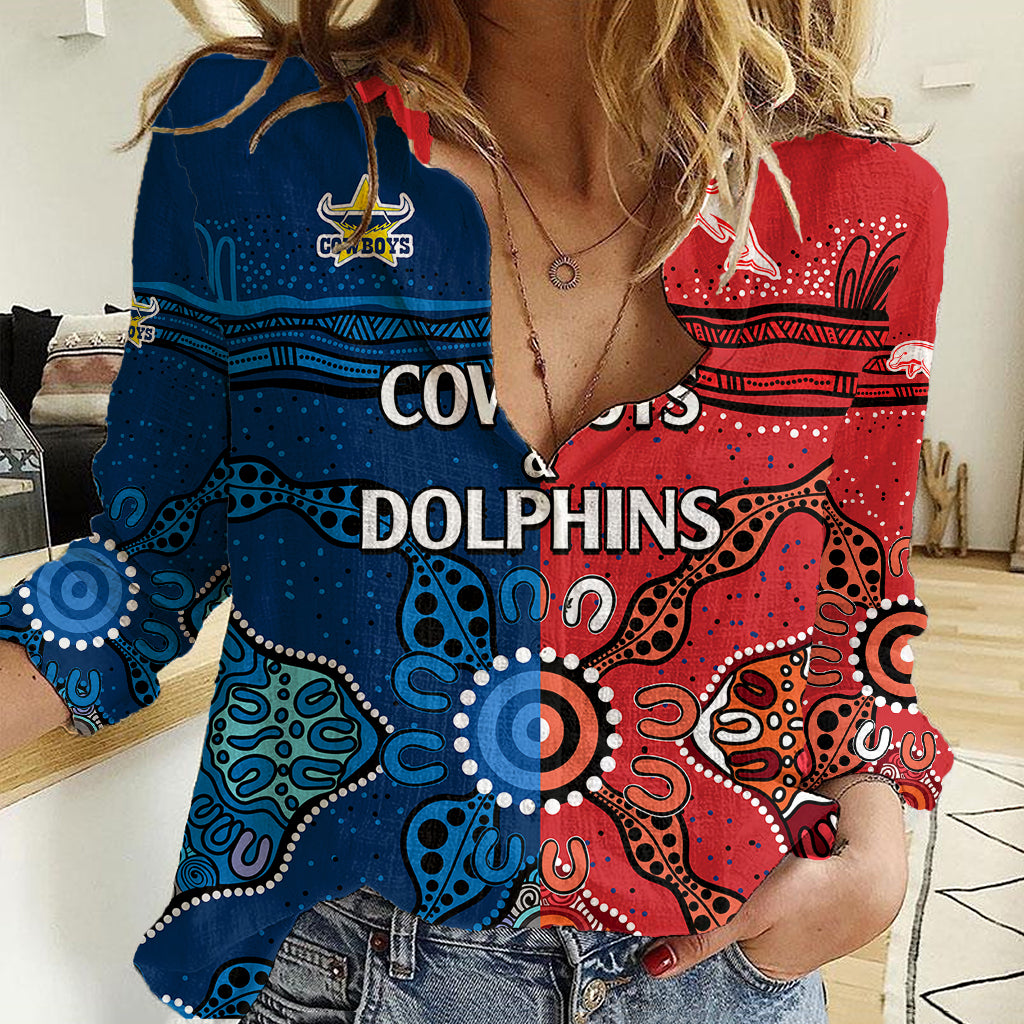 (Custom Text And Number) NRL Half Dolphins and Half Cowboys Rugby Women Casual Shirt Aboriginal 2023 - Vibe Hoodie Shop