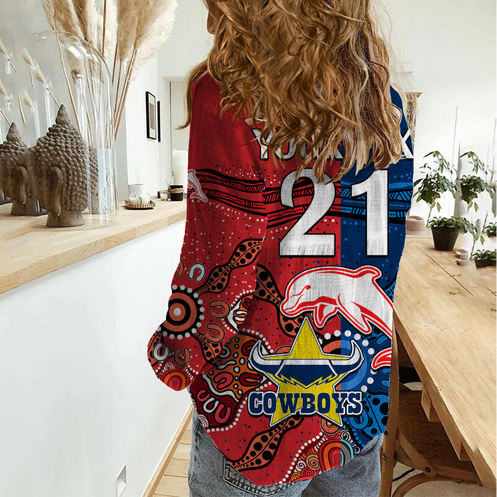 (Custom Text And Number) NRL Half Dolphins and Half Cowboys Rugby Women Casual Shirt Aboriginal 2023 - Vibe Hoodie Shop
