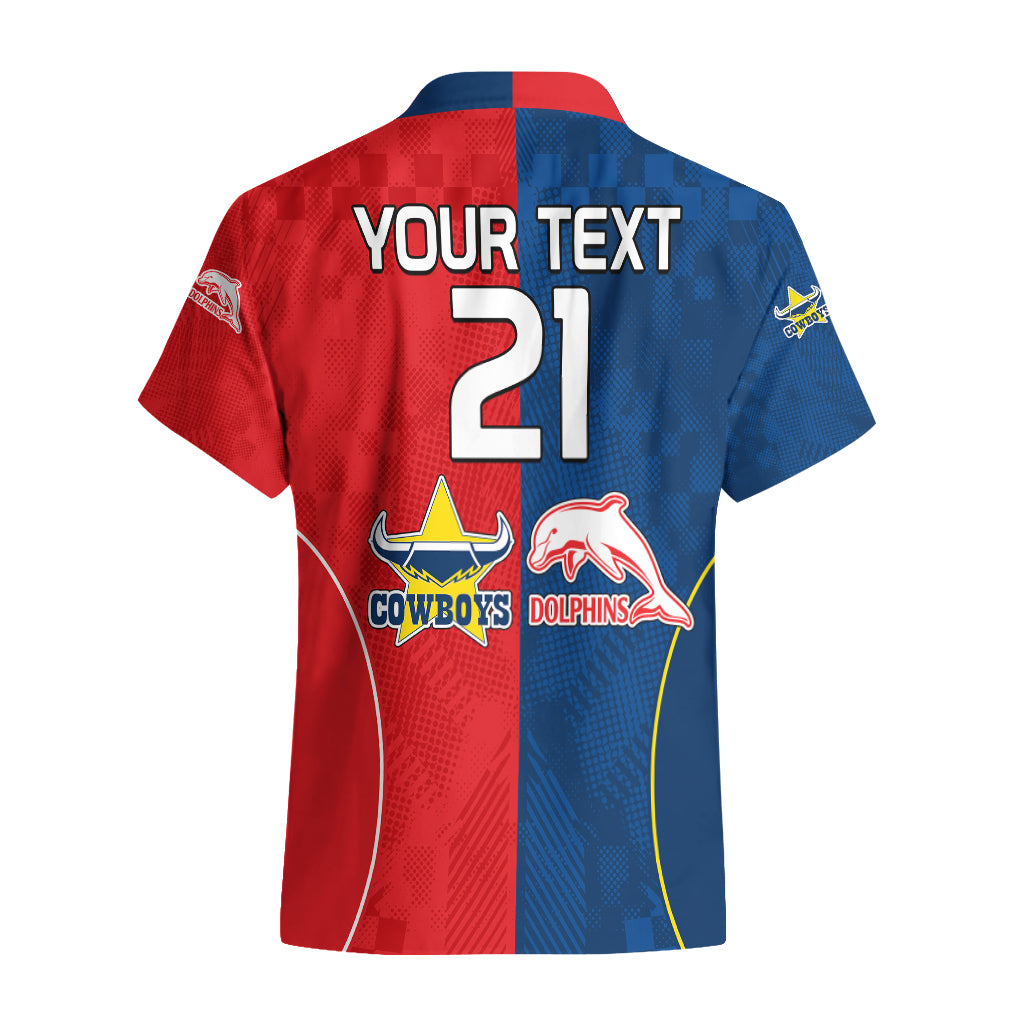 (Custom Text And Number) NRL Half Dolphins and Half Cowboys Rugby Hawaiian Shirt Sporty Style - Vibe Hoodie Shop