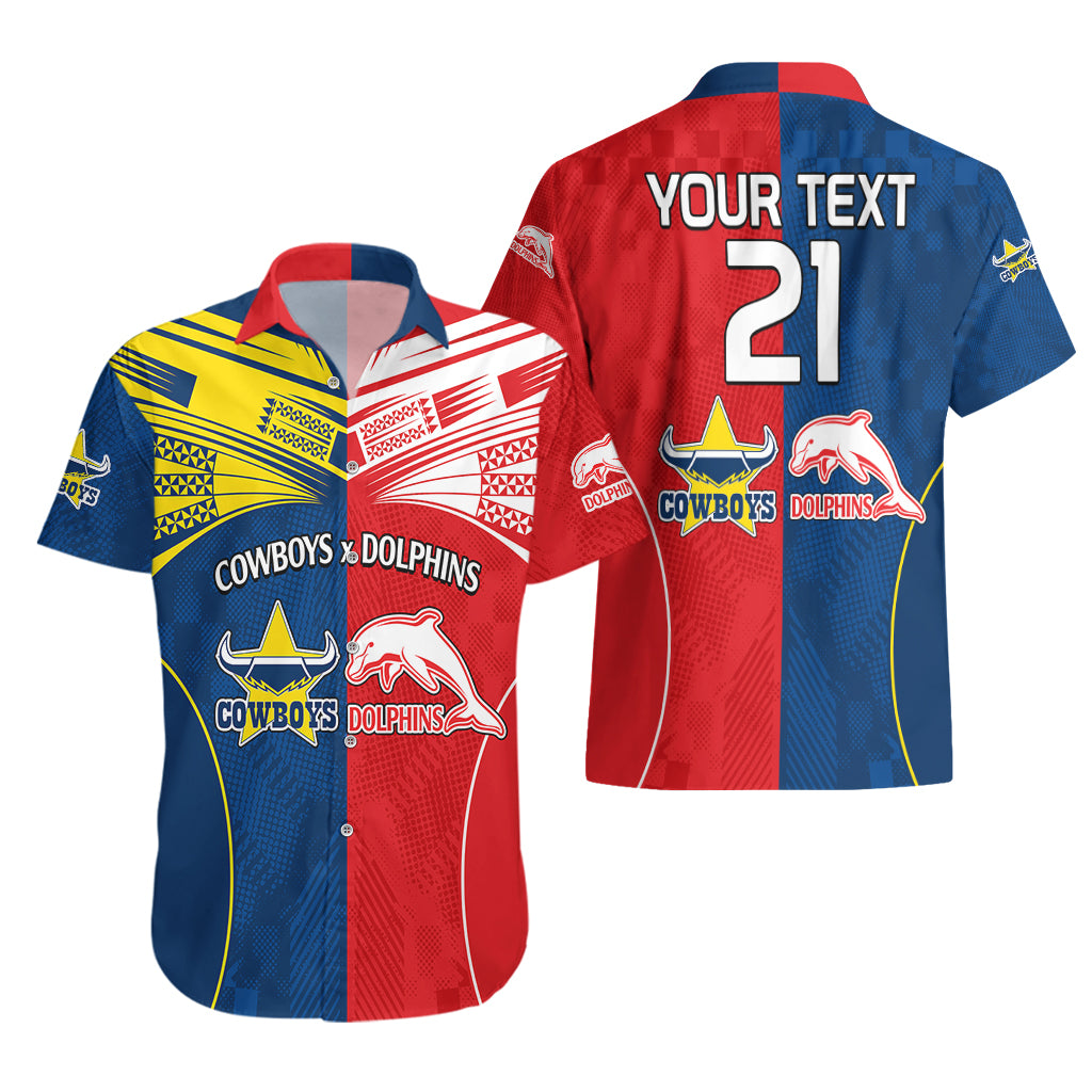 (Custom Text And Number) NRL Half Dolphins and Half Cowboys Rugby Hawaiian Shirt Sporty Style - Vibe Hoodie Shop