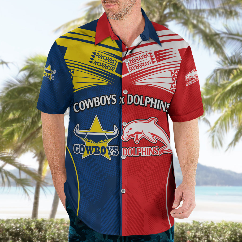 (Custom Text And Number) NRL Half Dolphins and Half Cowboys Rugby Hawaiian Shirt Sporty Style - Vibe Hoodie Shop